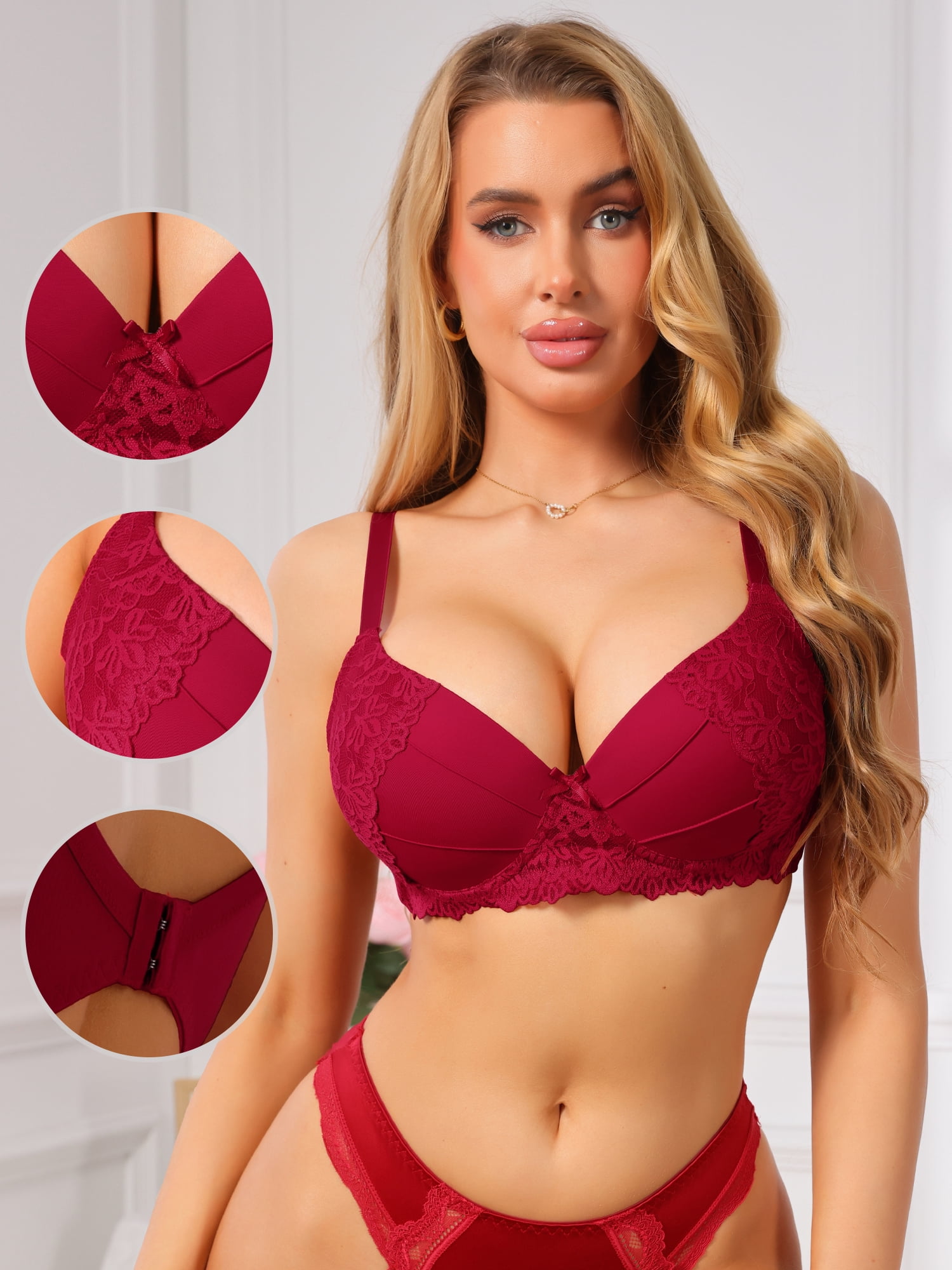 DARING DIVA Women's French Plunge Lace Underwire Adjustable Straps Bra D 38 Red