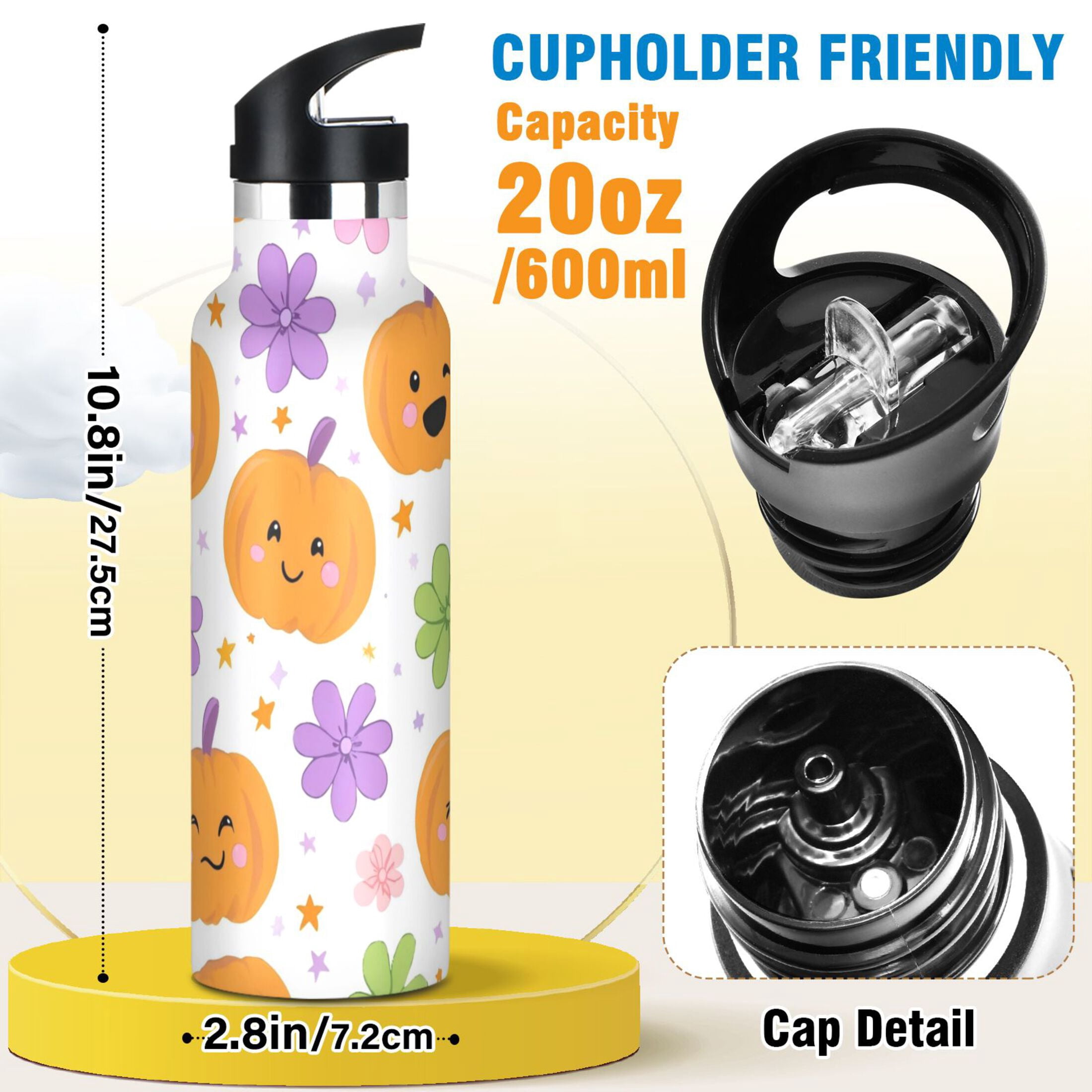 Kids Insulated Stainless Steel Sports Water Bottle 600ml (20oz) Smiling Pumpkins and Flowers