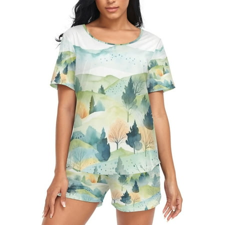 joogoo Women s Pajama Set Mountain Trees Landscape Short Sleepwear Loungewear with Pockets S
