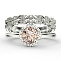 Fairy Minimalist 2.25 Carat Round Cut Morganite And Diamond Moissanite Engagement Ring, Classic Halo Wedding Ring in 925 Sterling Silver With 18k White Gold Plating Gift For Her, Two Matching Band