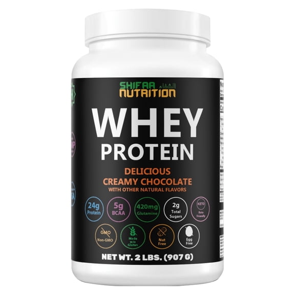 Shifaa Nutrition Delicious Creamy Chocolate Halal Whey Protein Powder – 24g Protein, BCAAs & Glutamine – Gluten-Free, Non-GMO, Keto