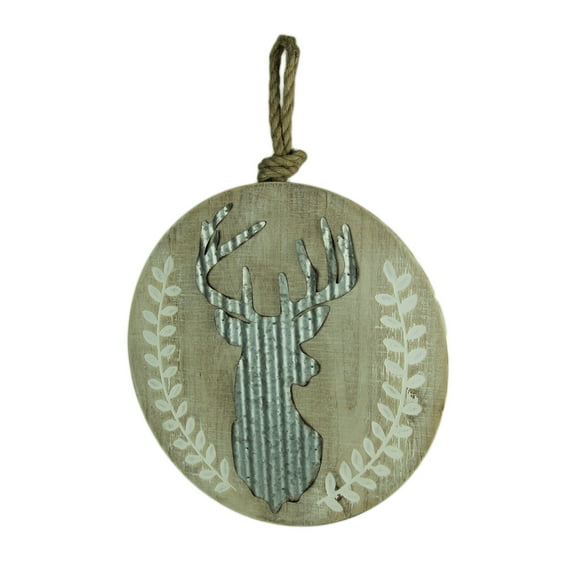 Audrey's Mini Rustic Wood and Metal Deer Head Beige Round Wall Hanging