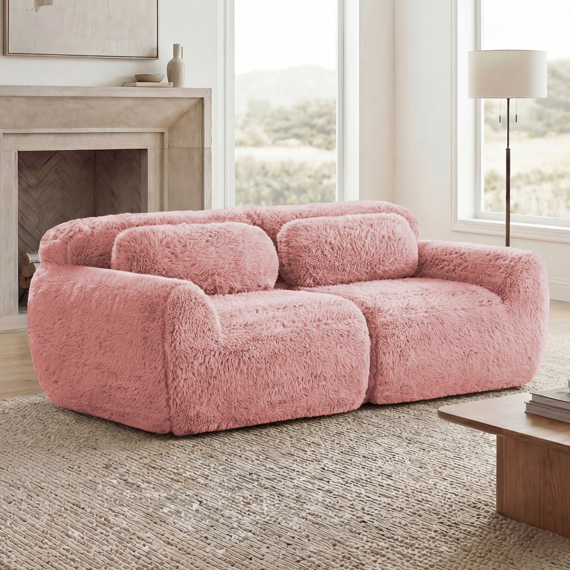 Anpport 80" 2-Seater Modular Cloud Sofa, Soft Fluffy Plush Fabric Sectional Couch, 32D High Density Sponge, No Assembly Required Ergonomic Comfy Sofa with Pillows for Living Room, Pink