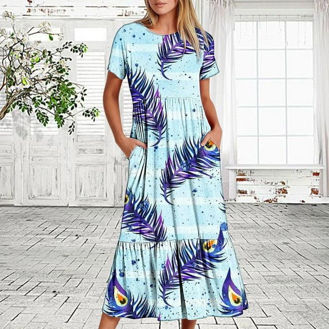 Jusqu'à 65 % de Réduction! Robes de Mode d'Été pour Femmes 2024 Grande Taille Robe Décontractée à Manches Courtes Col Rond Robe Décontractée Fluide à Étages Maxi Robe de Plage avec Poches Robe Imprimée Plume
