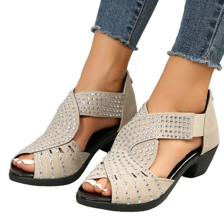

Heels for Women Stiletto High Heeled Sandals Ladies Fashion Retro Suede Rhinestone Decoration Open Toe Back Zipper Thick High Heel Sandals
