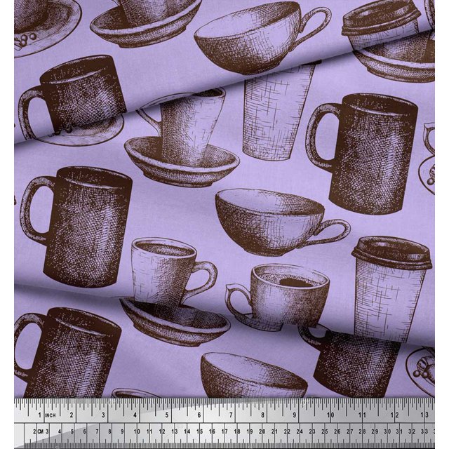 Soimoi polyester Crepe Fabric Tea & Coffee Cups Print Fabric by the Yard 52 Inch Wide