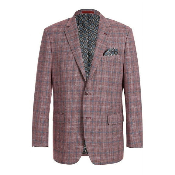 Mens Two Button Classic Fit Sport Coat Blazer in Burgundy Red Windowpane Plaid