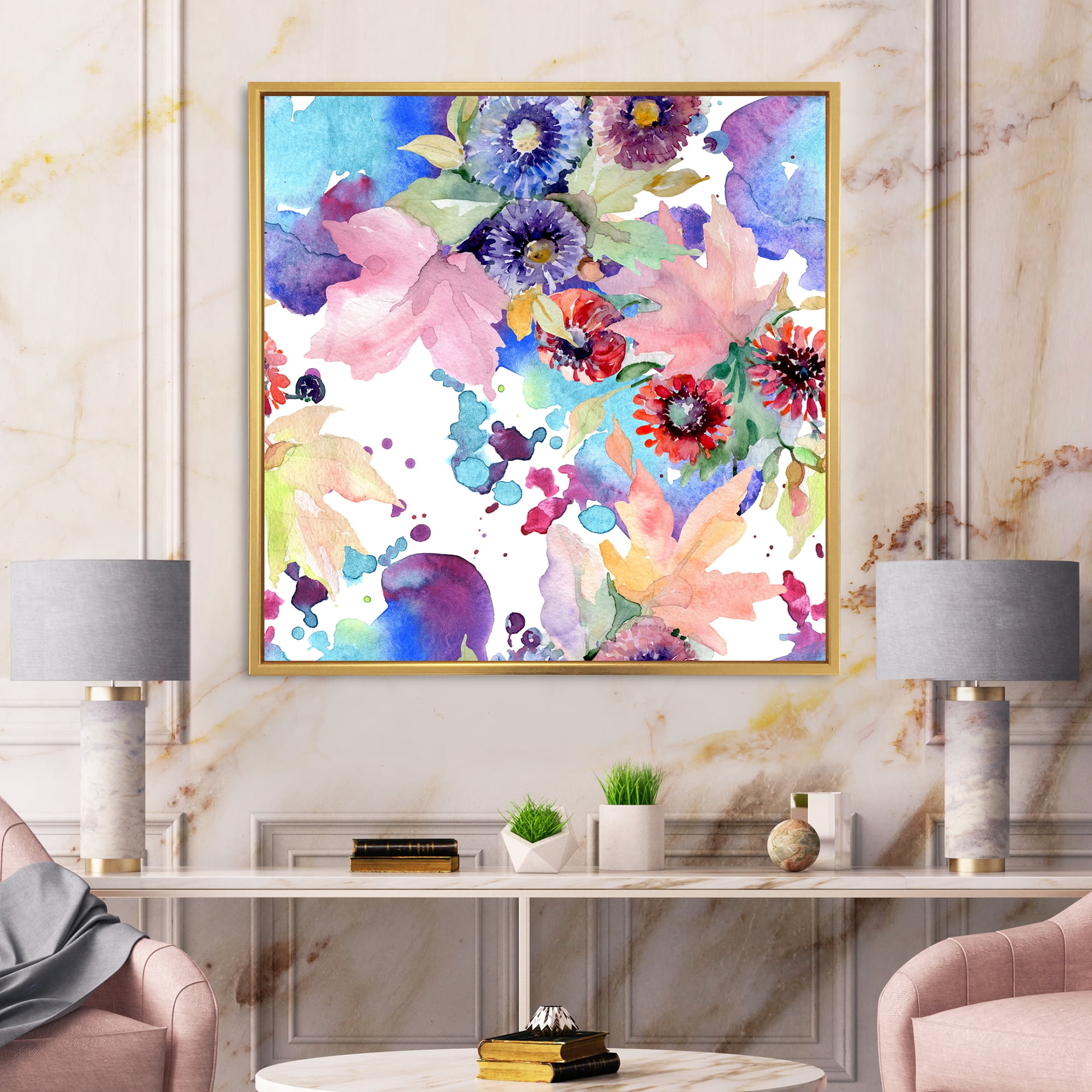 Wildflowers and Vibrant Wild Spring Leaves VIII 36 in x 36 in Framed Painting Canvas Art Print, by Designart