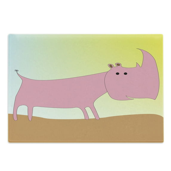 Rhinoceros Cutting Board, Simplistically Hand Drawn Abstract Cartoon of Horned Mammal Print, Decorative Tempered Glass Cutting and Serving Board, in 3 Sizes, by Ambesonne