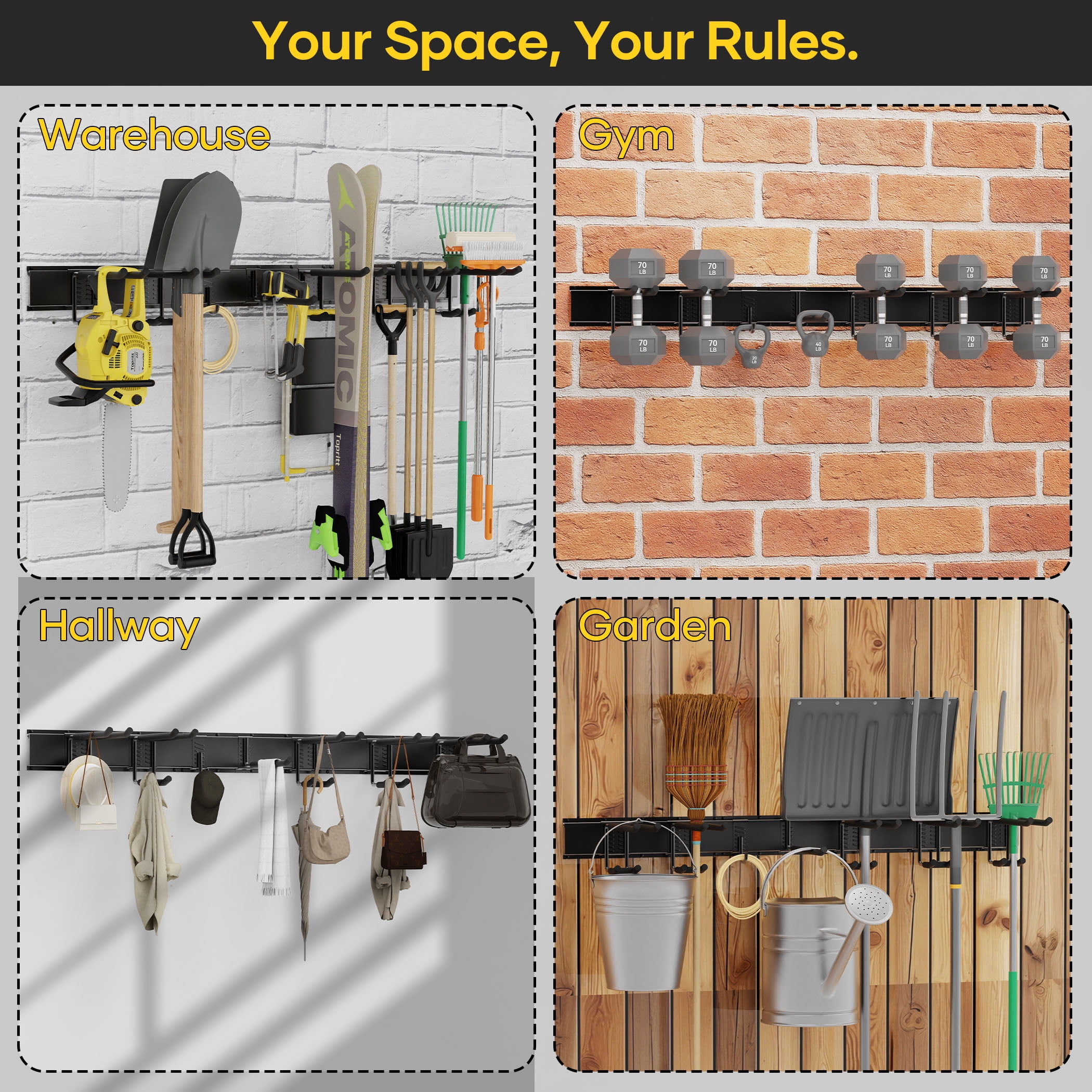 Topritt 48" Garage Wall Tool Organizer  - Heavy-Duty Storage Rack System, 7 Adjustable Hooks, 480 lbs Capacity, Suitable for Sheds & Garden