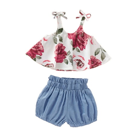 

Kucnuzki 2T Toddler Girl Summer Outfits Shorts Sets 3T Sling Big Rose Prints Ruffles Peplum Tops Elastic Shorts 2PCS Set White