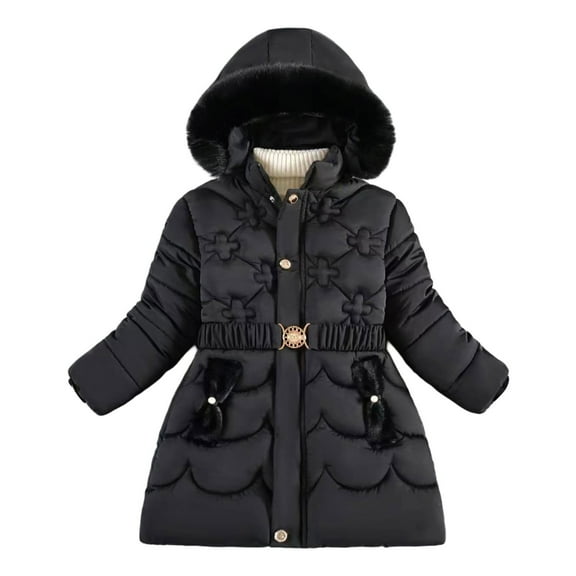 Puffer Jacket for Girls -Lined Hooded Belt Soild Color Print Zip Up Kids Quilted Overcoats with Pockets( 150-XXL,Black)
