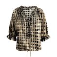 thumbnail image 3 of Women Abstract Geometric Print Drawstring V Neck Ruffled Top,Khaki,S, 3 of 3