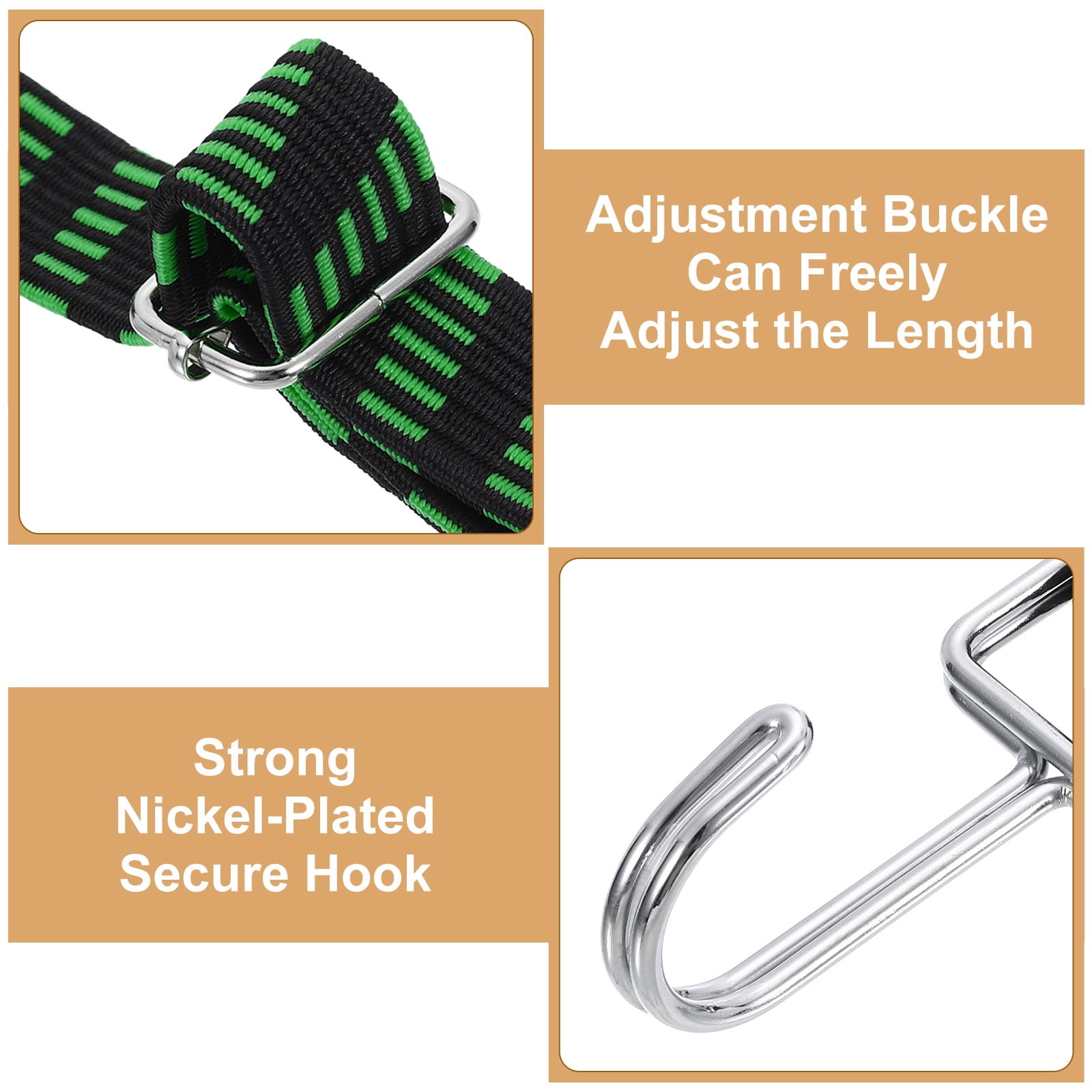 Uxcell 6 Pack Adjustable Bungee Cords with Hooks, 39 Inch Flat Heavy Duty Elasticity Straps Rubber Bungee Cords with Buckle for Outdoor, Camping, Tarp, Bike Rack, Luggage, Black Green