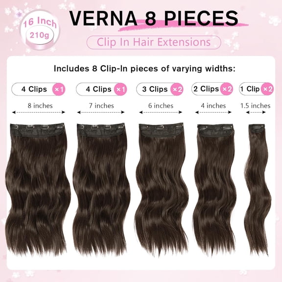WEIF-Hair Extensions for Women, 8PCS 16 Inch Dark Brown Clip in Hair Extensions, Synthetic Long Wavy Hairpieces for Women Full Head Thick