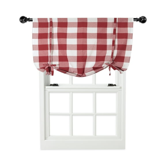 Oversize Plaid Gingham Check Tie Up Window Curtain Shade - Burgundy