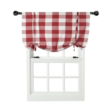 Burgundy Gingham - Oversize Plaid Gingham Check Tie Up Window Curtain Shade - Burgundy