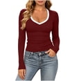 thumbnail image 4 of Vivianyo HD Women's Contrast Trim V Neck Ribbed Top, Fall Fitted Long Sleeve Knit Pullover for Women, Sizes S-2XL, 4 of 8