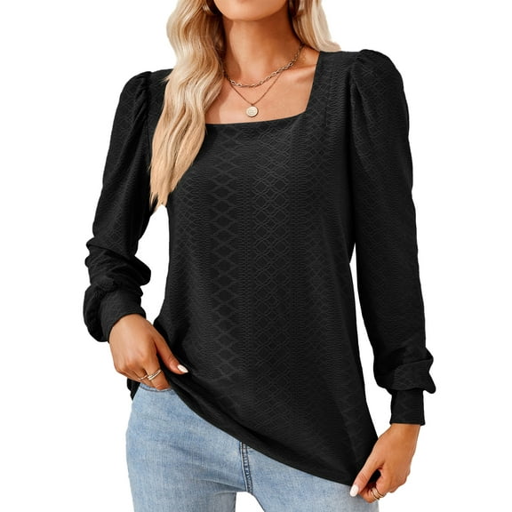 SHIBEVER Tops for Women Fall Casual Long Sleeves Tops Blasis Soild Black Tunic Blouses Square Neck Loose T Shirt for Lady Size XL