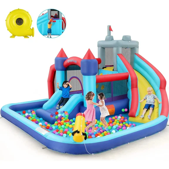 Qhomic Bounce House with 550W Blower, Water Slide with Pool, Climbing Walls, Jump Area, Basketball Hoop, Water Gun, Indoor and Outdoor Inflatable Water Park for kids