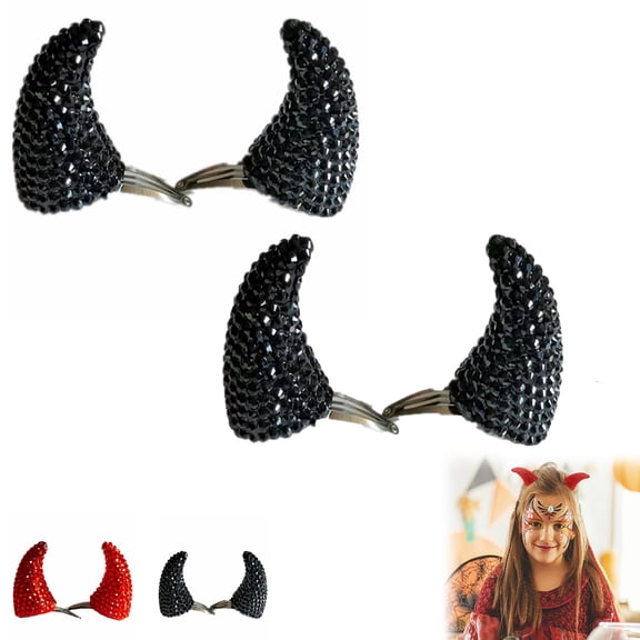 Halloween Devil Hair Clips, 2Pairs Rhinestone Devil Horn Hair Clip With Sparkle Glitter, Demon Vampire Cosplay Costume Headpiece For Party (Red)