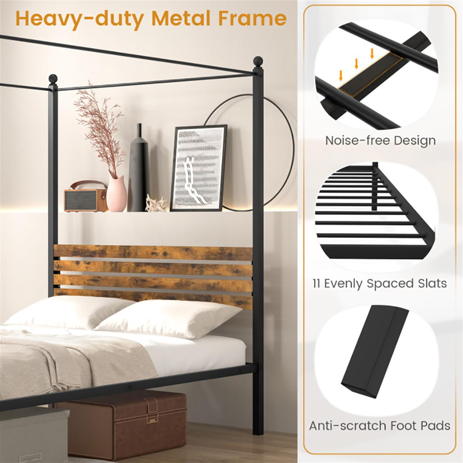 Demi Bonn Full Size Canopy Metal Platform Bed Frame with Under Bed Storage, Steel Slat Support, No Box Spring Needed, Black