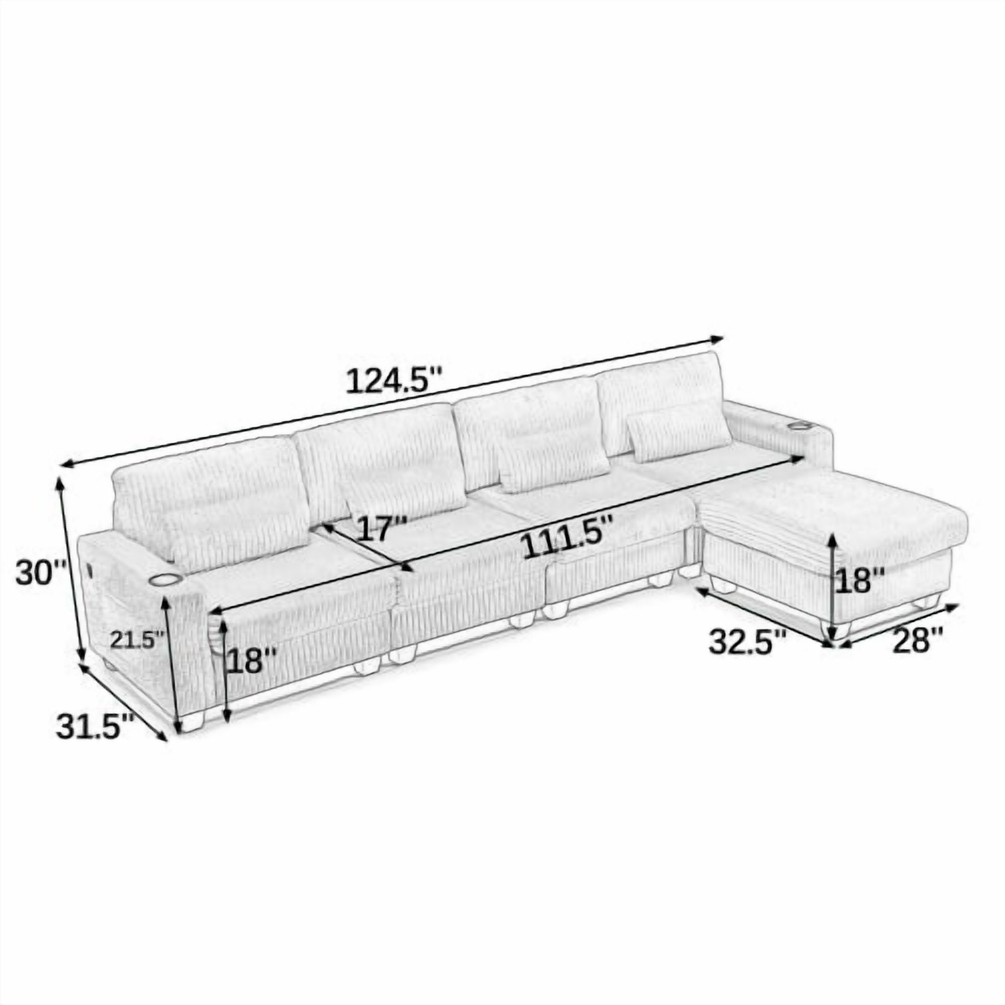 124.5" L-Shaped Corduroy Modular Sectional Sofa with Detachable Ottoman, Storage Armrests, Cup Holders & 4 Lumbar Pillows, Black