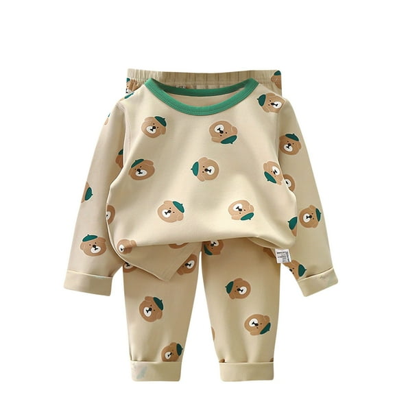 Long Johns Set Kids Boy Girl Cute Print Long Sleeve Top Pants Loungewear Sleepwear Summer 2 Piece Cotton Outfits 1-9t, Khaki, 2 Years