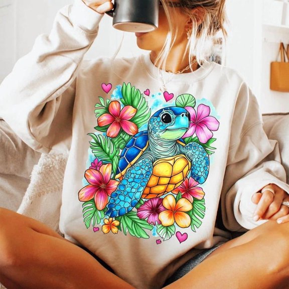 Boho Floral Sea Turtle Sweatshirt, Beach Sweatshirt, Turtle Sublimation Sweatshirt, Nautical Summer Sweatshirt
