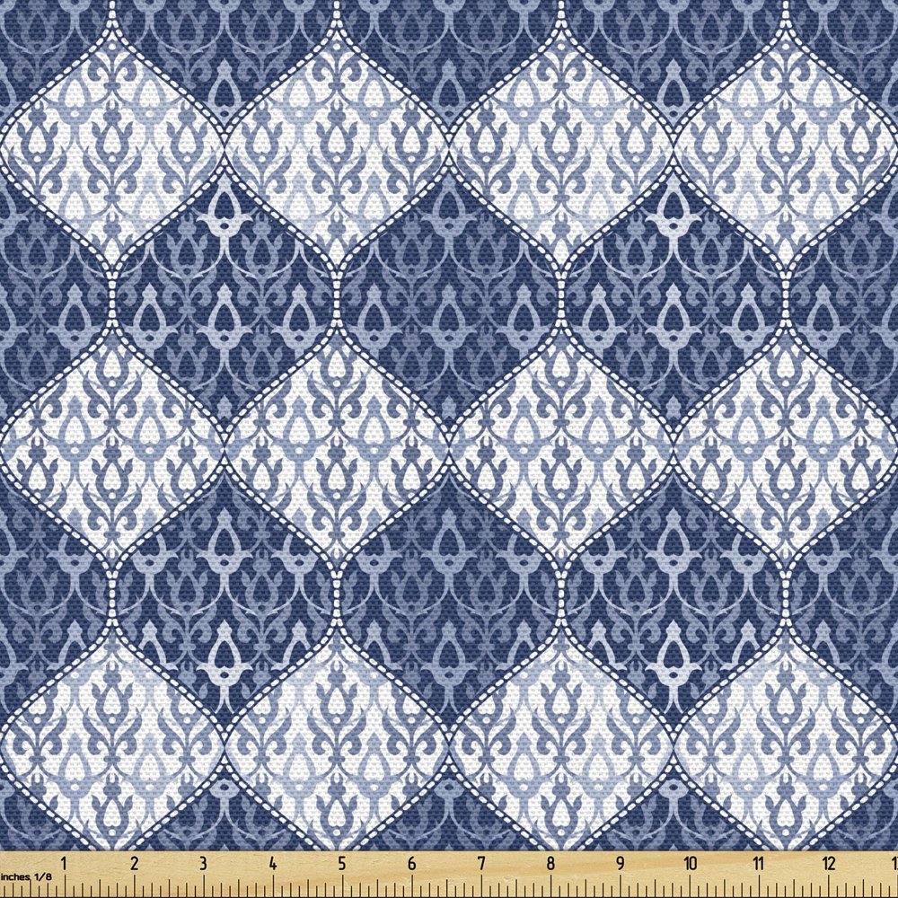 Navy Blue Fabric by the Yard Upholstery, Oriental Pattern in Patchwork