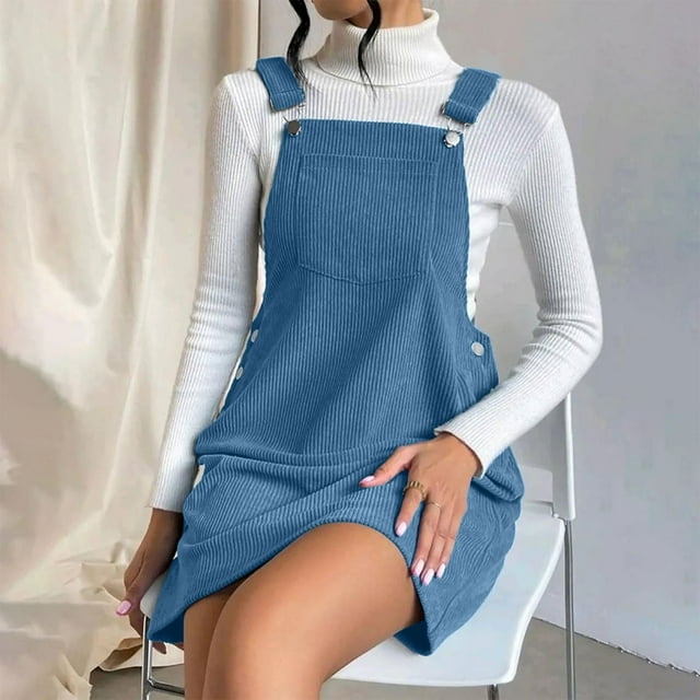Robe Salopette en Velours Côtelé pour Femmes Bretelles Mode Décontractée Robes Courtes avec Poches