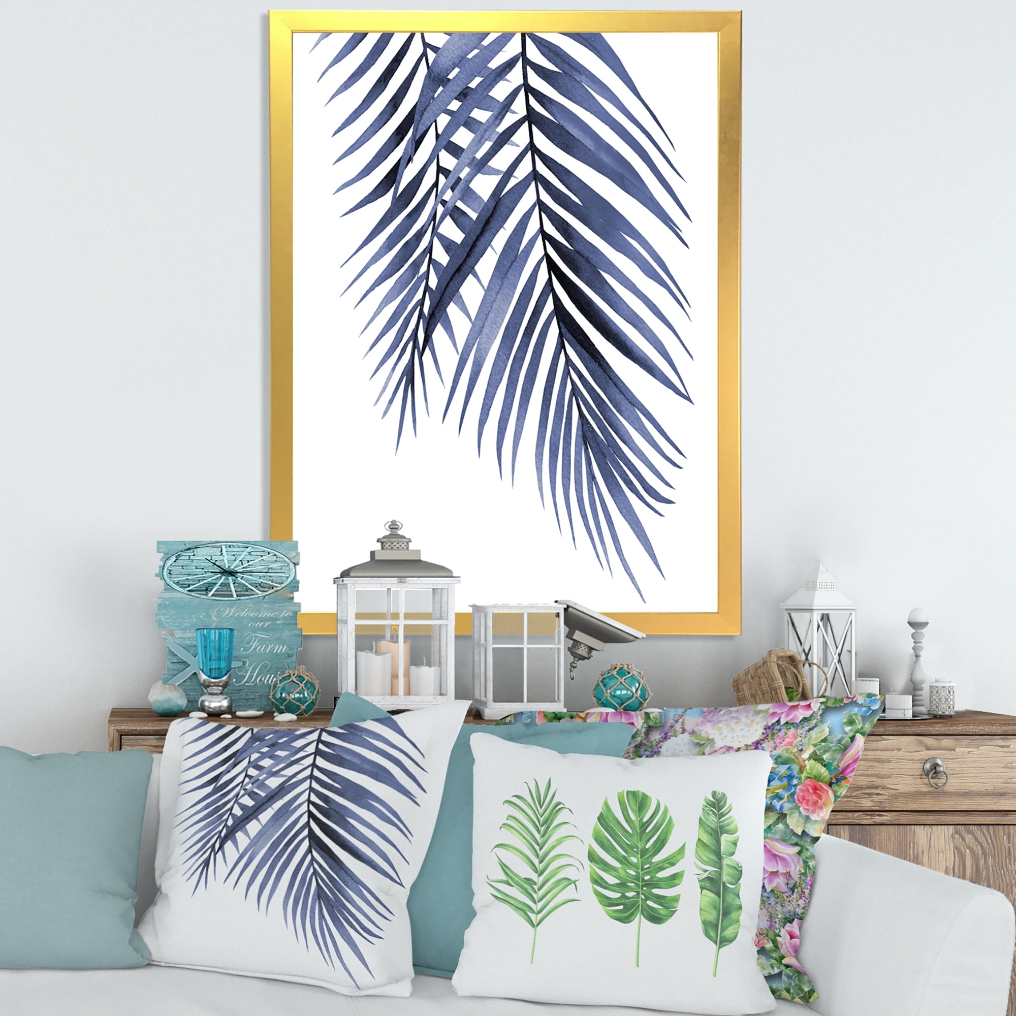 Designart 'Abstract Blue Palm Leaves Tropical Branches' Traditional Framed Art Print