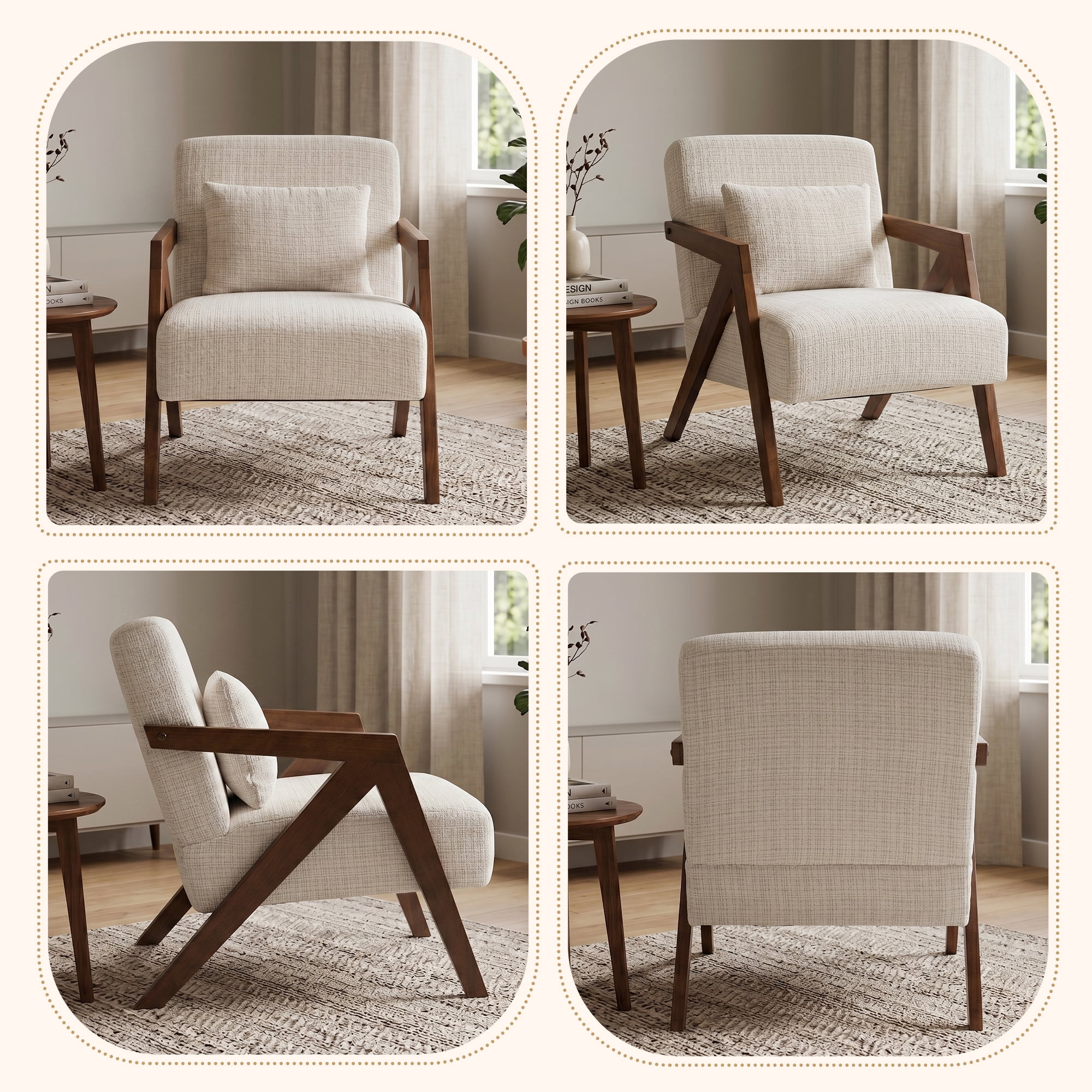 Mid-Century Modern Accent Chair with Solid Wood Frame and Chenille Upholstery, Comfy Armchair and Reading Lounge Chair with Pillow for Living Room Bedroom, Beige