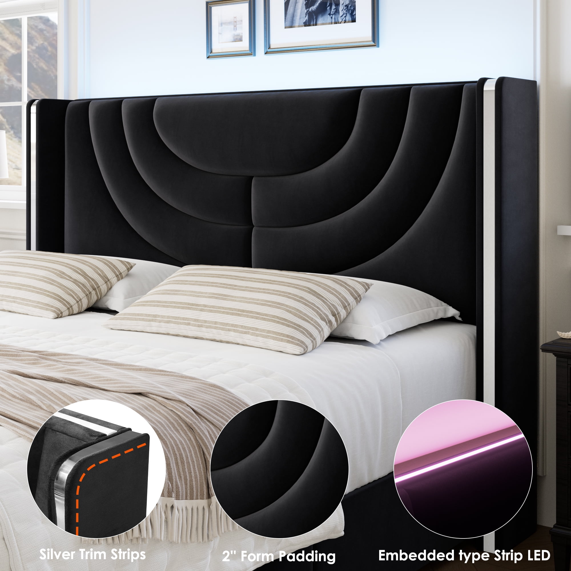 Homfa Queen Size LED Bed Frame with 2 Drawer Storage, Wingback Platform Bed with Velvet Upholstered Headboard, Black
