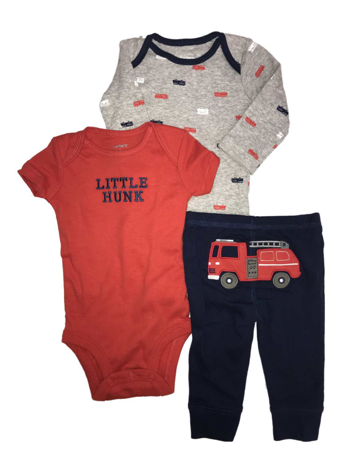 New Carter's 1 Piece Baby Boys Romper Blue White Striped Fire Truck Shorts 