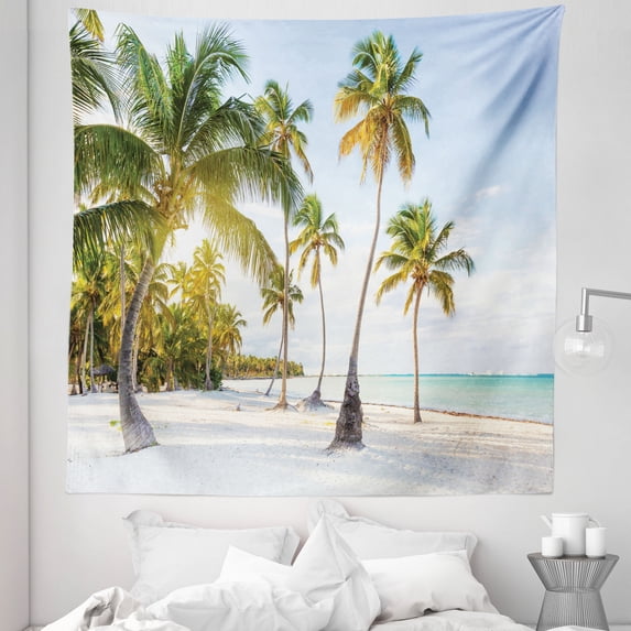 Trees Tapestry, Coconut Palms and Bounty Beach Oceanic Scenery Summer Vacation, Fabric Wall Hanging Decor for Bedroom Living Room Dorm, 5 Sizes, Green Pale Blue and Off White, by Ambesonne