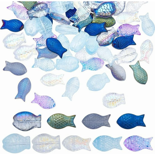 1 caja de 90 piezas de cuentas de peces, cuentas de vidrio a granel, cuentas de animales marinos de verano, cuentas espaciadoras sueltas de doble cara, chapadas electrolíticamente en azul esmerilado.