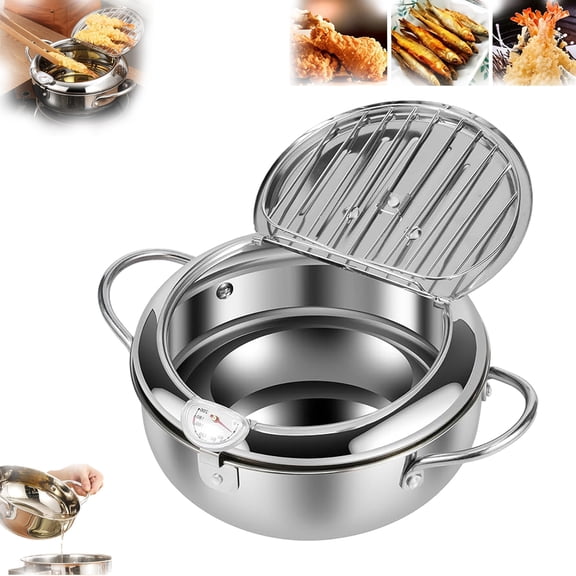 304 Stainless Steel Stovetop Deep Fryer Pot with Oil Drain Rack, Precision Thermometer & Lid for Home Frying, Chicken and Shrimp