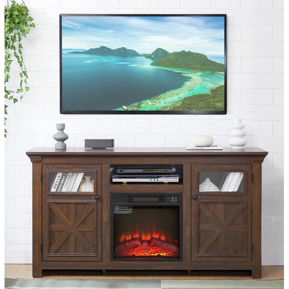 Fireplace TV Stand for TVs up to 65", Farmhouse Entertainment Center with 18" Fireplace and Storage Cabinets, Media Console Table with Barn Doors for Living Room, Espresso