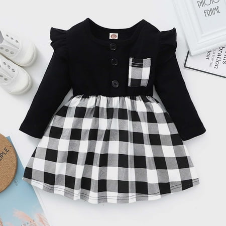 

KONBECA Toddler Girl Outfits Princess Dresses Baby Girls Black Floral Ruffled Long-sleeved Upper Body Plaid Print Casual Dress Cotton Dresses Black (3-6 Months)