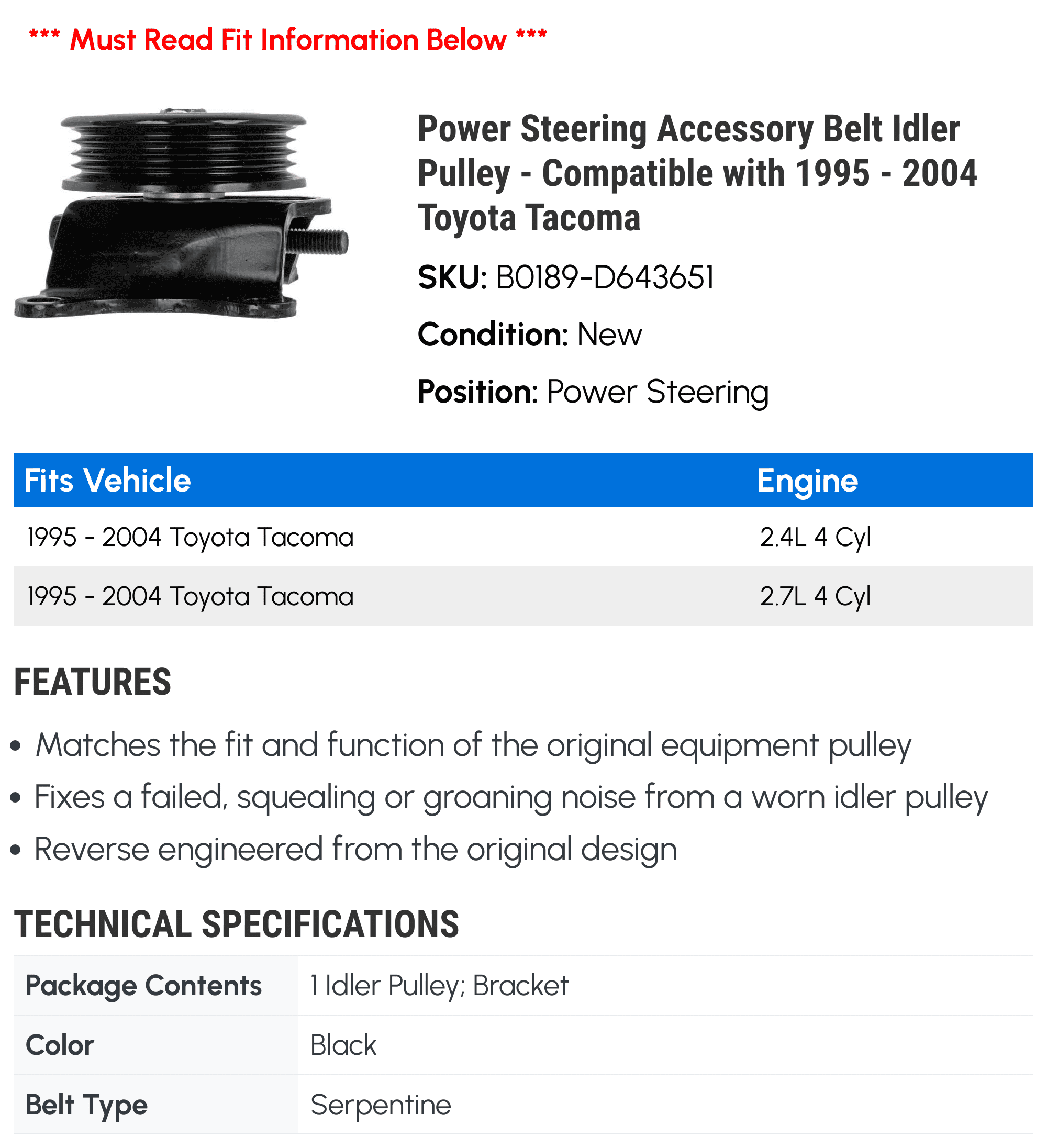 Power Steering Accessory Belt Idler Pulley - Compatible with 1995 - 2004 Toyota Tacoma - Dorman