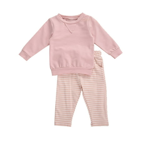 

Newborn Babys Long-sleeved Trousers Suit Fresh Solid Color Round Neck T-shirt and Elastic Stripe Long Pants
