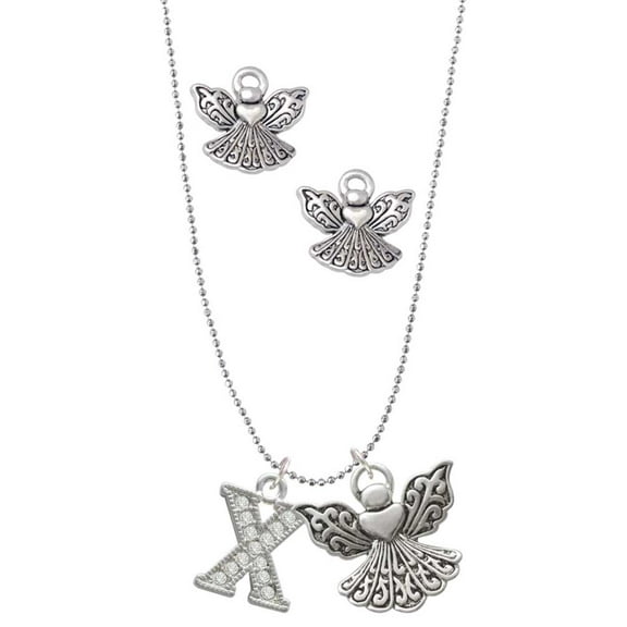 Delight Jewelry Silvertone Crystal Initial - X - Silver tone Guardian Angel Charm Necklace and Stud Earrings