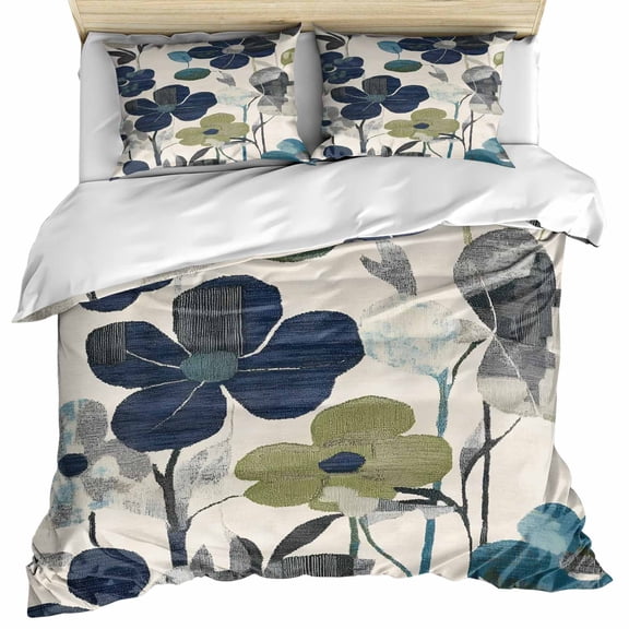 Navy Blue Green Floral Bedding 3 Piece Duvet Cover Set Queen Size, Vintage Botanical Leaves Soft Microfiber Comforter Cover with Zipper Closure & Pillowcases, Wrinkle & FadeResistant Quilt Cover
