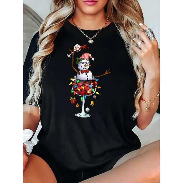 1pc Festive Christmas Snowman with Wine Glass Print, Women'S Casual Crew Neck Short Sleeve T-Shirt, Polyester Knit Fabric with Medium Stretch, All-Season Holiday Comfort Top