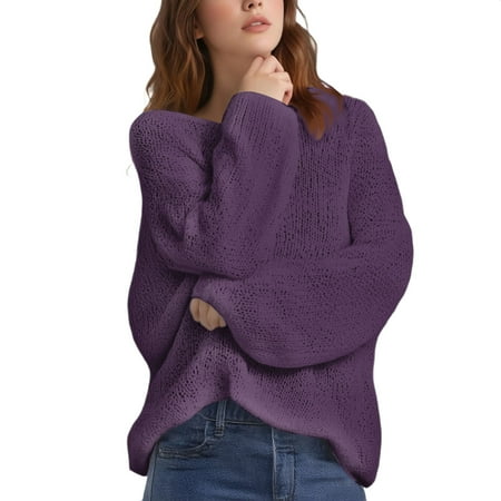 Comdrip Tunic Tops for Women Loose Fit Dressy Women s Casual Pullover Sweater Knitted Pullover Sweater for Women Fashion Long Sleeve Crewneck Blouse Winter Warm Layer Top Women s Sweaters Purple L