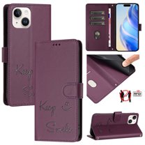 for iPhone 14 Plus Case Wallet with RFID Blocking Card Holder, Shoulder Strap & Wrist Strap, Smile Pattern PU Leather Magnetic Clasp Flip Wallet Phone Case for iPhone 14 Plus, Darkpurple