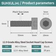 thumbnail image 4 of M6 x 55mm Socket Head Cap Screws Bolts 12.9 Grade Alloy Steel Metric Machine Hex Socket Screw, Fully Threaded, Black Oxide Finish, 20PCS, 4 of 4
