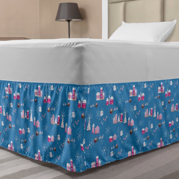 Christmas Bed Skirt, Cartoonish Noel Scenery with Trees Santa Deer Buildings and Snowflakes, Elastic Bedskirt Dust Ruffle Wrap Around for Bedding Decor, 4 Sizes, Sea Blue Multicolor, by Ambesonne