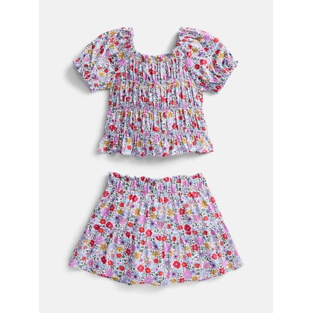 Wonder Nation Toddler Girls Puff Sleeve Cotton Top and Skirt Set, 2 Piece, Sizes 12M- 5T